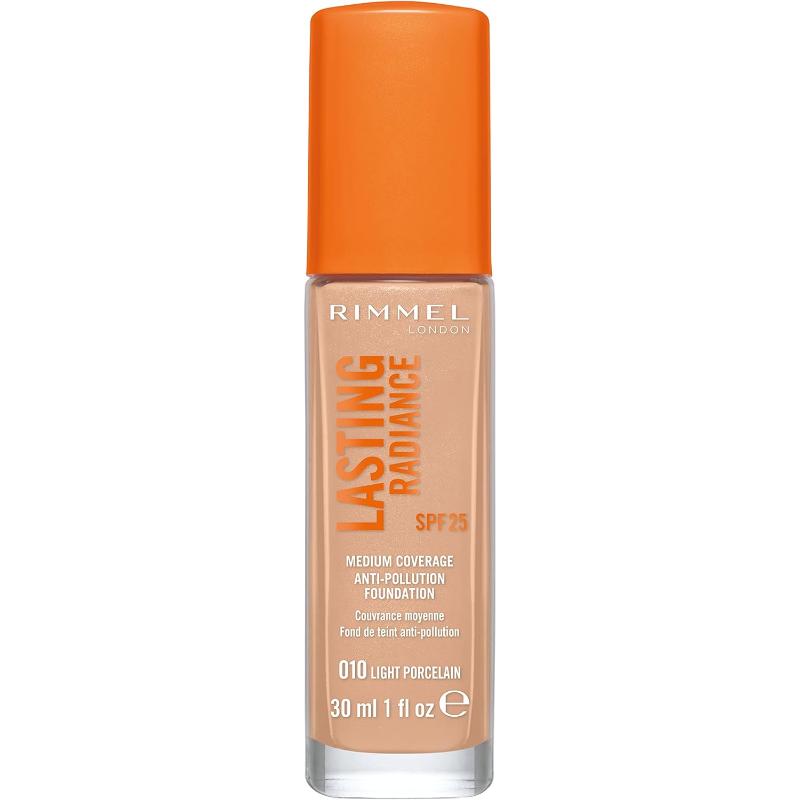Rimmel Lasting Radiance Medium Coverage Anti Pollution Foundation, SPF 25, 010 Light Porcelain (Rimmel Wake Me Up Foundation Upgrade)